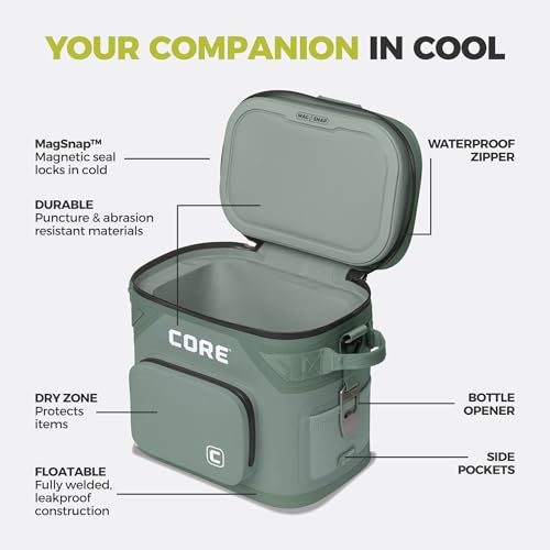 Image of CORE Magnetic Leak Proof Soft Cooler with Waterproof Zipper | Insulated Bag Portable Ice Chest Box | Best Soft Cooler for Food & Beverages for Tailgating, Car Camping, Travel, and Family Beach Picnics