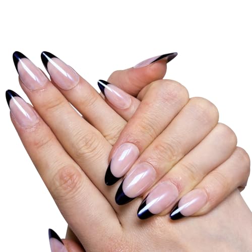 Glossy Glazed French Tip Press-On Nails – Medium Almond Shape | Effortless Salon Look in Minutes | 30-Piece Reusable Nail Kit with Glue | 15 Sizes for a Perfect Fit (Deep Sapphire Mirro)