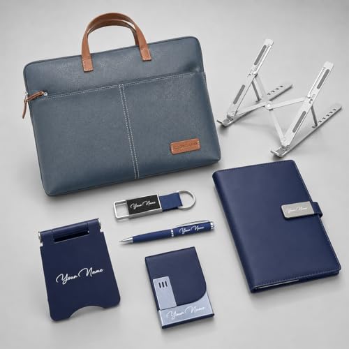 Image of Giftana 7 in 1 Laptop Bag with Personalized Diary & Pen, Keychain, Card Holder, Mobile Stand, Laptop Stand Set, Customized Gift for Husband, Employee Welcome Kit, Corporate Gift for Employees (Blue)