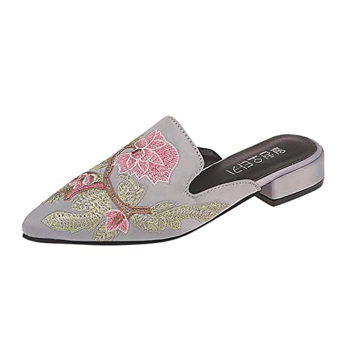 Ballet Flats Mule For Women Ladies Fashion Floral Embroidered Chunky Mid Heel Lightweight Comfort Pointed Toe Low Heels Slip On Flats Dress Oxfords Loafers Shoes Slides For Beach Travel #TOP6