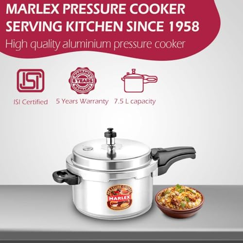 Image of Marlex Deluxe 7.5 Litre Outer Lid Aluminum Pressure Cooker | Gas Stovetop Compatible Cooker, Non Induction Base, Metallic Safety Plug, ISI Certified | Silver - 5 Years Warranty