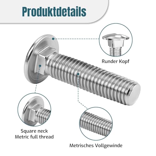 Nevoluxer 20 Stück Schlossschrauben M5 x 25 mm aus Edelstahl Schnellmontage, Vollgewinde – Carriage Bolts für Möbel & Holzverbinder