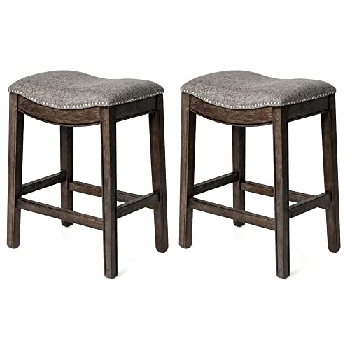 Maven Lane Adrien Backless Saddle Kitchen Counter Stool 25.7" H, Dark Walnut Finish And Stone Grey Performance Fabric, Nail Head Trim Design, Set Of 2 #TOP15