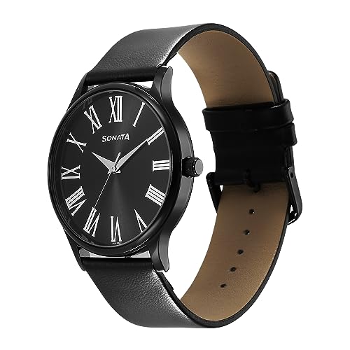 Image of Sonata Aspire Quartz Analog Black Dial Leather Strap Watch for Men-NS77105NL08W /NT77105NL08W