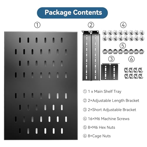 Image of Adjustable 1U Server Rack Shelf 20-38 Inch Depth, Vented Design for 4 Post Computer Racks and Cabinets, 80kg Heavy Duty Load Capacity