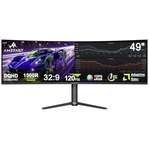 Amzfast Ecran Pc Gamer Incurvé 49 Pouces, 120Hz, DQHD(5120x1440), 32:9 Ultrawide Moniteur, 1MS MPRT, Eyes Care, sRGB 120%, Adaptive Sync, HDR, HDMI 2.0 * 2/DP 1.4 * 2, VESA 75x75, PIP/PBP, AMZG49C7U