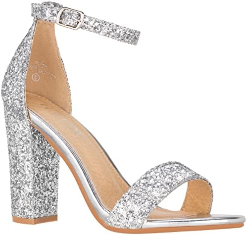 ILLUDE Women’s Open Toe Ankle Strap Chunky Block High Heel - Formal, Wedding, Party Classic Heeled Sandals - Ruby (7, Silver Glitter)