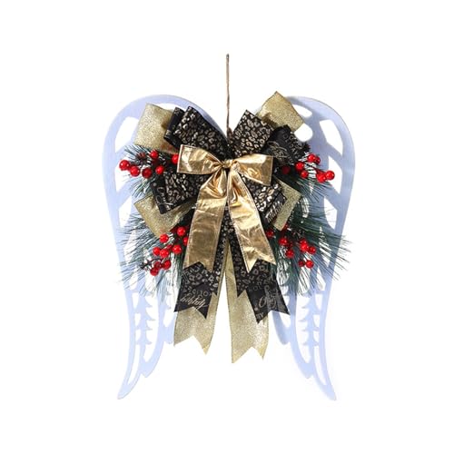 Christmas Wreath for Front Door White Angel Wings Artificial Winter Wreath with Large Multiple Bows Berry Pine Needles for Home Wall Holiday Decor (Multi-Color, 40cm*33cm)