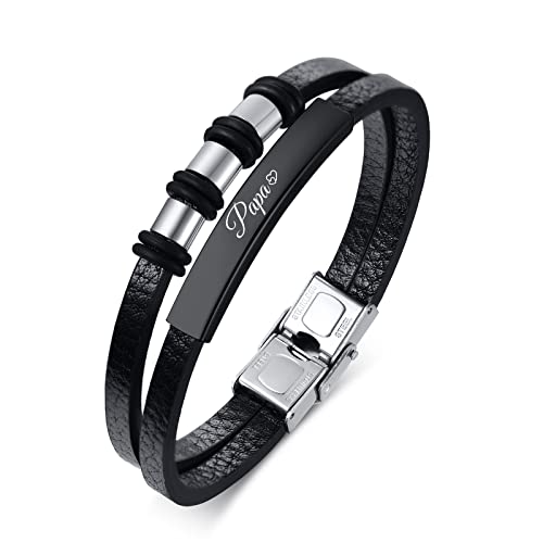 XUANPAI Bracelet Homme Cadeau Papa, Homme Cuir Bracelet avec Gravure Papa Bracelets Père Cadeau pour Anniversaire Noël Fête des Pères