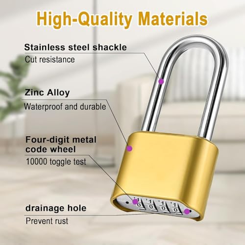 Image of Heavy Duty 4-Digit Combination Padlock Brass | Resettable Code Lock with 10,000 Combinations & 8mm Hardened Steel Shackle | High Security Metal Padlock for Gym, Locker, Gate & Travel (Gold)
