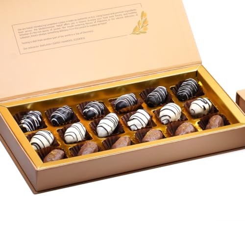 Image of NATUF Dates Chocolate Gift Box - White & Dark Chocolate Coated Dates | Luxurious Middle Eastern Treat | Premium Chocolate Dates Sweet Gift Box for Gifting & Snacking | 100% Plant-Based Healthy Snack | 18 Pcs (300g)