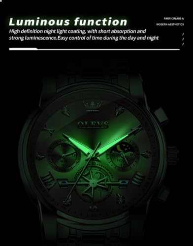 Image of OLEVS Men Skeleton Watches Stainless Steel Analog Quartz Moon Phase Male Watch, Diamond Multi Calendar Chronograph Watch,Waterproof Wrist Watch for Men