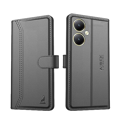 Image of AIBEX Compatible for Vivo Y27 4G Flip Cover Leather Finish | Inside TPU with Card Pockets | Wallet Stand | Complete Protection Flip Case - Black
