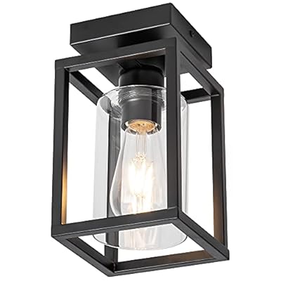 Mayful Flush Mount Ceiling Light Fixture with Clear Glass Shade, Farmhouse Black Metal Frame Light Fixture for Kitchen Island Entryway Porch Foyer Dining Room, E26 Ceramic Base