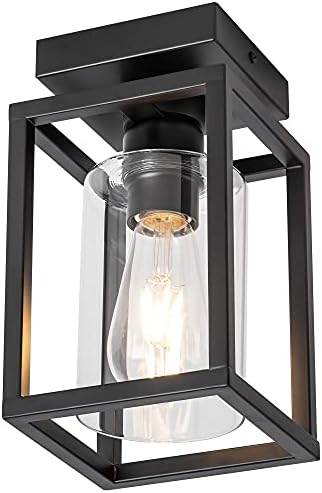 Mayful Flush Mount Ceiling Light Fixture, Black Metal Frame Ceiling Light Fixture with Clear Glass Shade, Farmhouse Light Fixture for Kitchen Island Entryway Porch Foyer Dining Room, E26 Ceramic Base