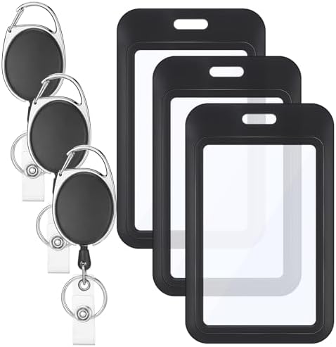 3 Pack ID Badge Holder with 3 Pack Retractable Badge Reel Vertical Retractable ID Card Holder with Double-Sided Windows Hard Black Card Protector for Office School Driver’s Licenses and Key Cards