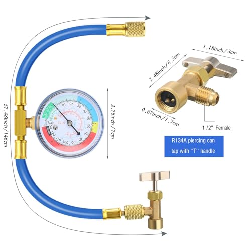 R134a Refrigerator Refrigerant Recharge Kit with R134a Charging Hose with Gauge Piercing Tap Valve Refrigerant Can Tap for Air Conditioner Supplies, 7 Pieces - Thumbnail 2