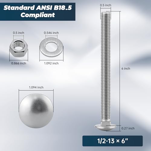 Image of 1 /2-13 x 6 Inch Carriage Bolt Kit, 304 Stainless Steel (18-8) with Hex Nuts & Flat Washers - 4 Sets, Round Head Square Neck, Full Thread Coverage by Glvaner