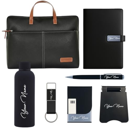 Image of Giftana 7 in 1 Laptop Bag with Personalized Diary & Pen, Keychain, Card Holder, Mobile Stand, Bottle 500ml, Customized Gift for Husband, Employee Welcome Kit, Corporate Gift for Employees (Black)