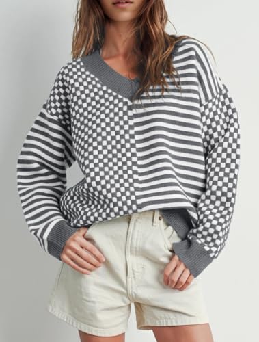 Image of UNCLECAT Womens Striped Checkered Sweater V Neck Fall Trendy Pullover Tops | Long Sleeve, Winter Clothes, Soft Jumpers, Business Casual Outfits, Cute, Fashion, Knitted Sweaters