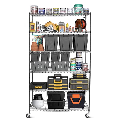 Image of WDT 6 Tier Shelf Shelving Unit with Wheels,Adjustable Metal Shelves for Storage, NSF Black Wire Shelving Rack, 2100Lbs Capacity Heavy Duty Shelving Storage Shelves for Kitchen Garage,47 inch Dx17 Wx80 H