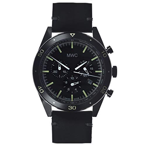 Chronographe Militaire Quartz Noir MWC Swiss Made Airline Montre Homme en Acier et Cuir avec Dateur