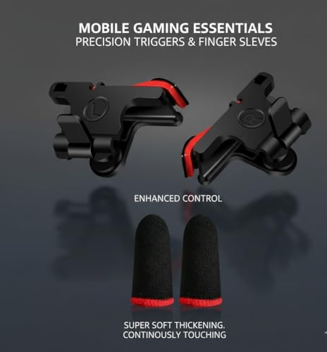 Image of Mobile Gaming Triggers and Finger Sleeves Set, Precision Control for Smartphones, Black and Red, Enhanced Control with Heat Dissipation Premium PUBG Mobile Gaming Trigger