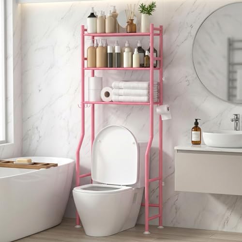 3-Tier Over Toilet Storage with Anti-Tilt Safety System - 150lb Total Capacity Metal Bathroom Shelves Including Paper Holder & 4 Hooks, Space Saving A