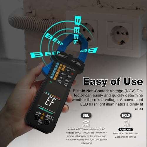Image of AIOMEST Digital Clamp Meter, 6000 Counts Handheld Multimeter Slim Voltage Tester Auto-Range 60A /400A True-RMS w /NCV, DC & AC, Temp, Volt Ammeter AI-7200D