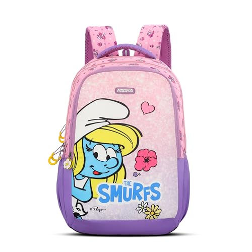 Image of American Tourister The Smurf with Durable Polyester Backpack for Girls /Official Smurfs Collection /Spacious 3 Compartments with Front Pocket /Adjustable Padded Straps for School, Picnic- Pink /Purple