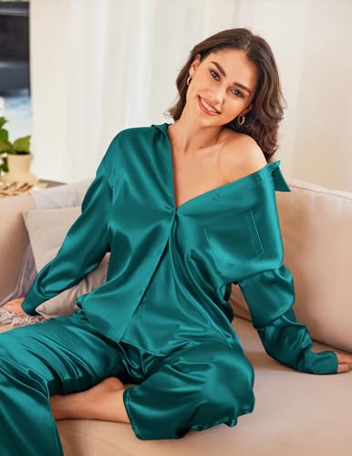Ekouaer Womens Satin Silky Pajama Set 2 Piece Print PJs Soft Loungewear Button Down Sleepwear with Elastic Waist Long Pants