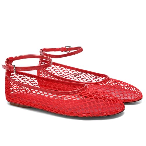 Mesh Ankle Strap Flats for Women Round Toe Ballet Flats Shoes,Casual Mary Jane Flats Comfortable Daily Dress Shoes