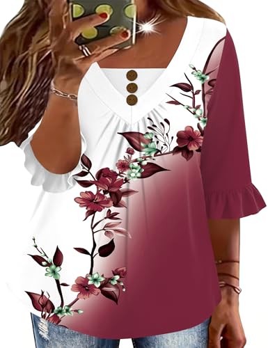 TFSDOD 3/4 Length Sleeve Plus Size Tops for Women Button Down Ruffle Sleeve Shirts Floral Printed Dressy Casual Blouses XXL