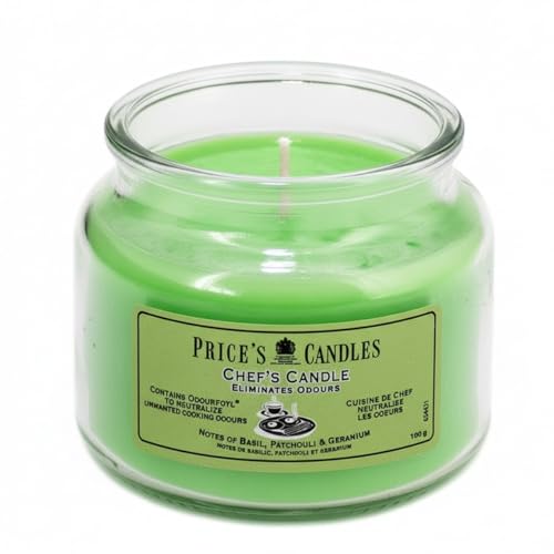 Price's - Candela in contenitore di latta Chef's Candle, agli estratti di basilico, patchouli e geranio, per eliminare i cattivi odori in cucina, 3 pezzi