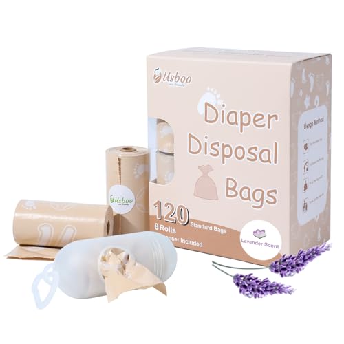 Image of USBOO Diaper Bags Disposable for Baby, Biodegradeable Dirty Diaper Bags (8 Refill Rolls/120 Bags) with Dispenser, Leak Proof Diaper Trash Bags, Baby Poop Bags, Lavender Scent