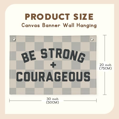 Image of Motivational Quotes Boys Room Decor，Be Strong Courageous Bibie Joshua 1:9 Playroom Decor Linen Canvas Banner,Vintage Checkered Wall Hanging Flag Decor for Kids Toddler Room 30x20 bestrong