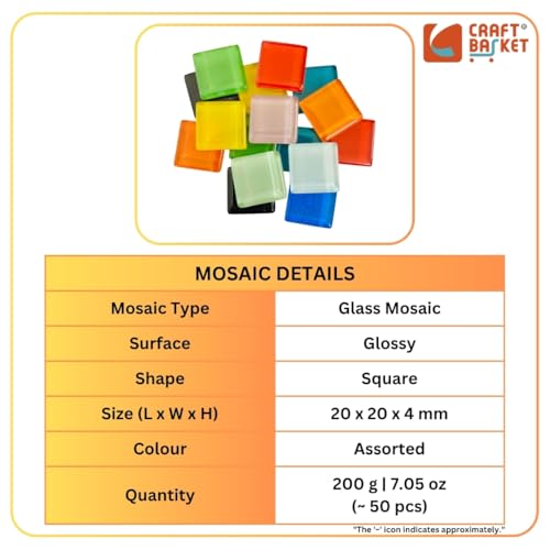 Image of Assorted Colours Glass Mosaic Tiles (20 Variations) (All Packs: 100 g,200 g,500 g), DIY Mosaic Art, Decoration, Crystal Glass Mosaic Tiles (Glossy Square 20 x 20 mm), 200 g
