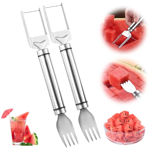 2 in 1 Watermelon Fruit Cutter, 2025 New Stainless Steel Fruit Slicer Useful Gadgets,Kitchen Gadgets Multifunctional Melon Mango Watermelon Cutter for Kitchen, Summer Family Party Forks (2PCS)