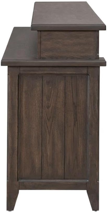 Pemberly Row 4-Piece Console Bar Table Set, Saddle Brown Finish, Rubberwood & Split Heart White Oak, Table with Charging Station & 3 Upholstered Stools, Tobacco Leather Fabric, Rustic Style Dining or