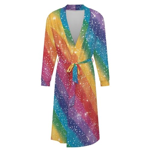 Glitter RainBow Pattern Soft Robe Long Sleeve Bathrobes V Neck Sleepwear Spa Robes with Belt Men Woman4