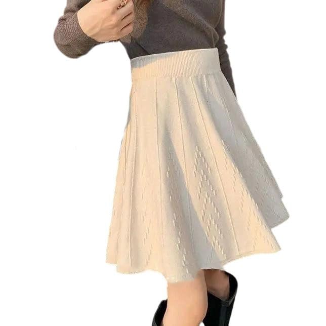 French Style Women's Solid Elastic High Waist Office Lady Slim Knittd A-Line Pleated Skirt