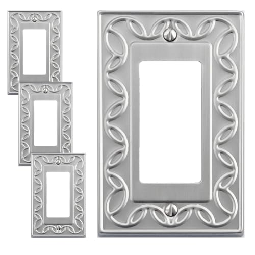 OKAWYC Single Decorator Light Switch Cover Plate, 4-Pack Brushed Nickel NovaBloom Metal Wall Plate 1 Gang Single Rocker, for Receptacle Dimmer Switch GFCI Outlet Wallplate, Durable