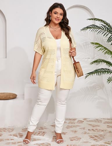 Image of Summer Crochet Cardigan Plus Size Women Short Sleeve Open Front Knitted Cardigans Lightweight Cover Up for Beach
