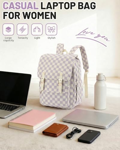 Image of Corduroy Laptop Backpack for Women, Fits 15.6 Inch Computer Bag, College High School Bookbag Travel Daypack Purse, Work Business Bags - Corduroy Checkered Purple