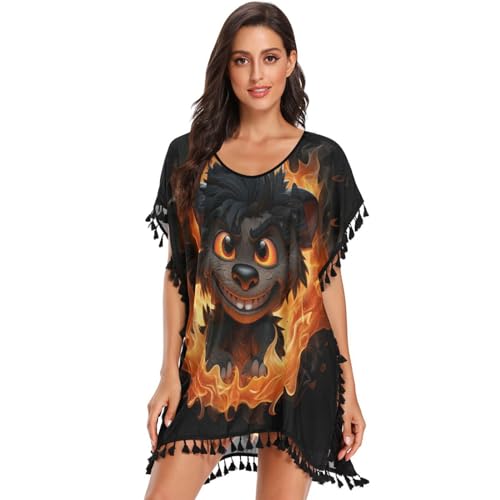Fire Devil Animal Tasmanian Women's Beach Cover Up Chiffon Tassel Swimwear Swimsuit Coverups for Girl
