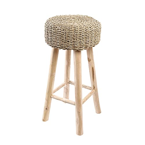 wohnfreuden Teakholz Barhocker Bane braun rund 35 cm - Seegras Sitzfläche...