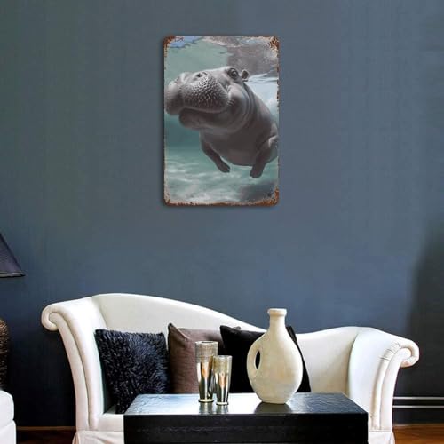 Tableau rustique en métal vieilli motif hippopotame original