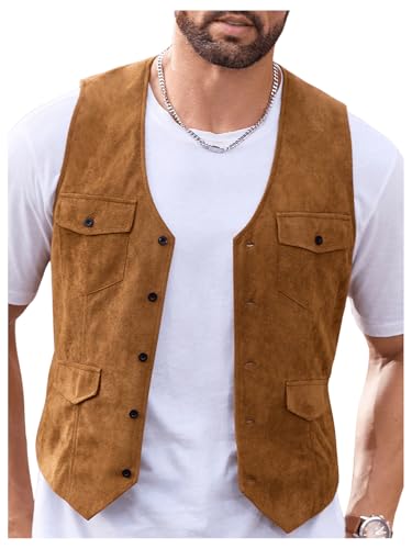 GORGLITTER Men's Western Cowboy Vest Sleeveless V Neck Single Breasted Casual Waistcoats Vests