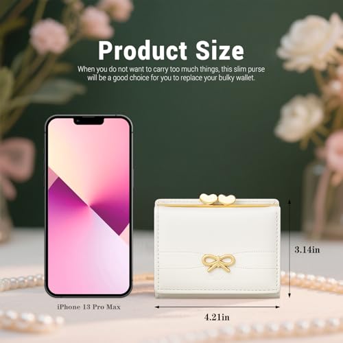 Image of YINHEXI Small Bow Wallet for Women with RFID Blocking - Tri-fold PU Leather Card Holder, Coin Pocket & Heart ID Window, Cute Aesthetic Purse for Girls Teens (Bow White)