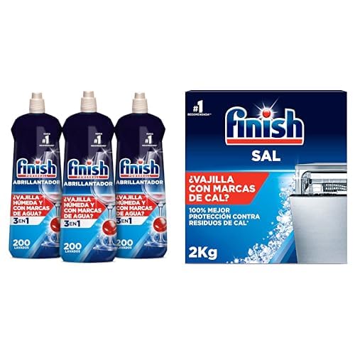 Lote de Finish Powerball Abrillantador Lavavajillas, vajilla seca, brillante y sin marcas - 3 unidades x 800ml - Total 600 lavados + Finish Sal para Lavavajillas, Función Antical, 2kg